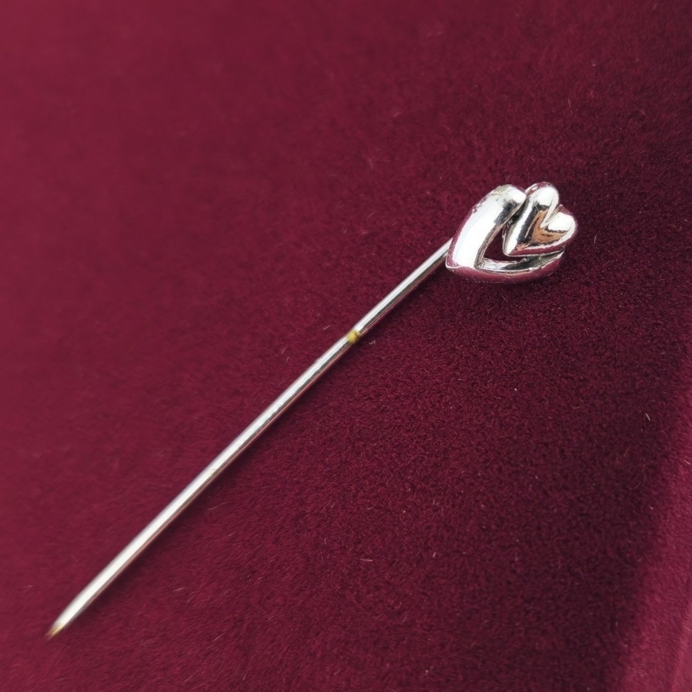 Vintage Articulated Double Heart Stick Pin Silver Tone Moving Heart Lapel Pin